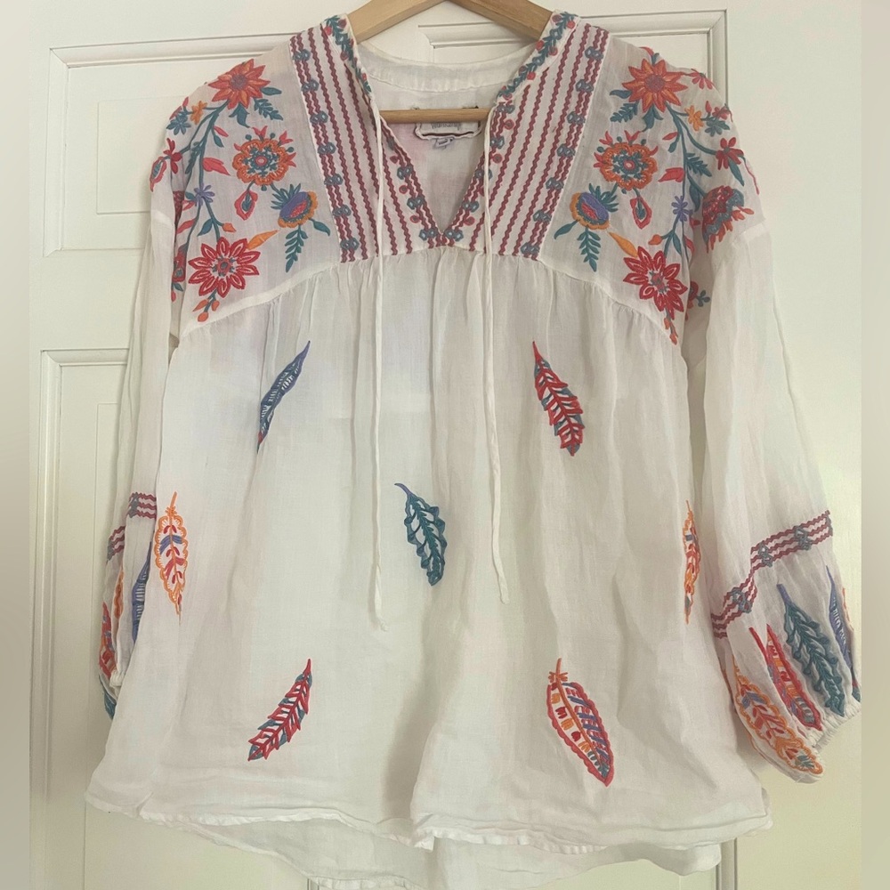 Johnny Was Bereginia Embroidered Floral Boho Top - White and Multicolor Size XXS